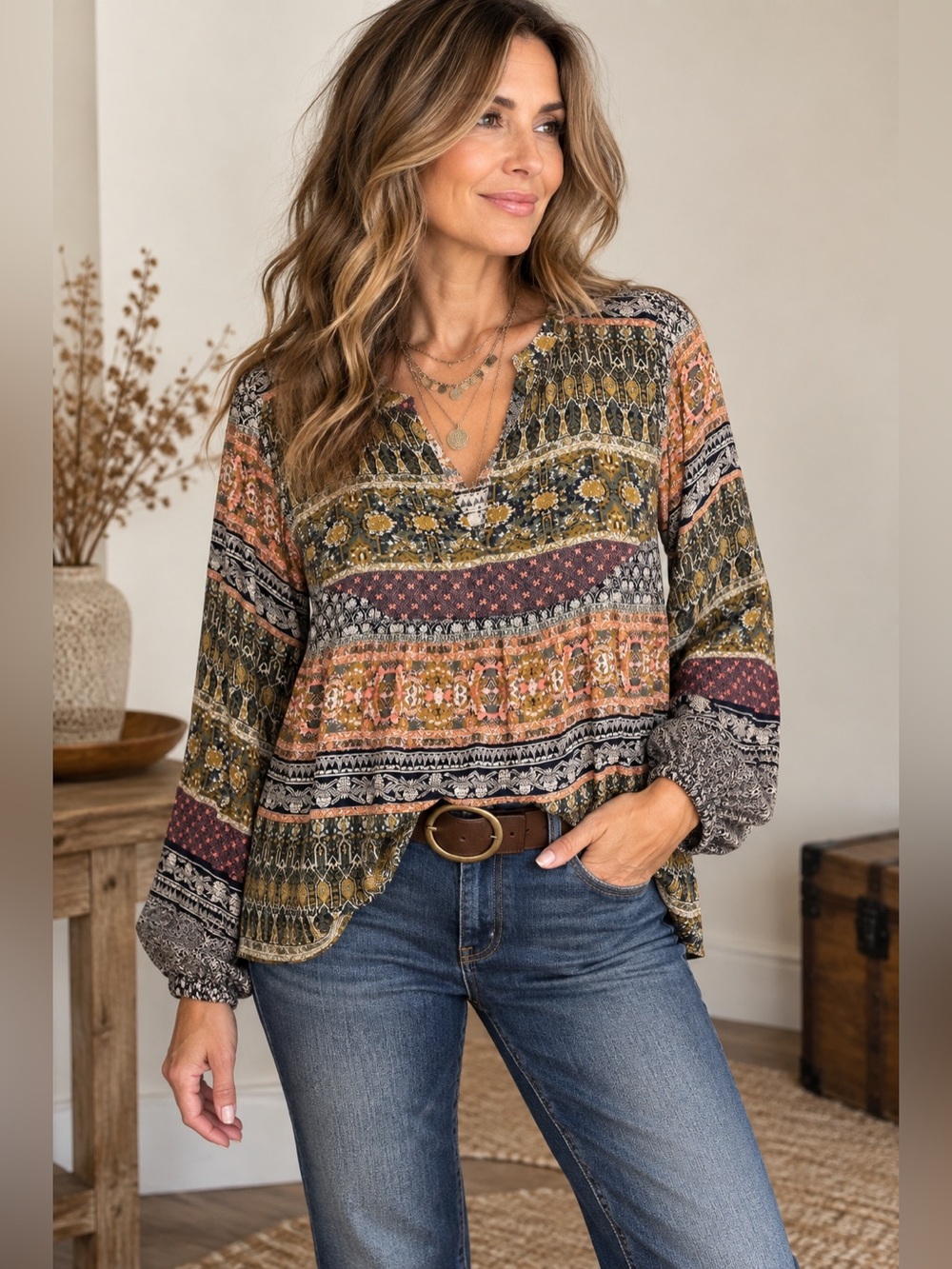 Lucky Brand Boho Peasant Blouse Medium Mixed Print Long Sleeve Tunic Top